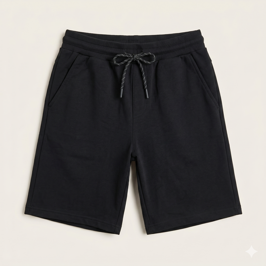 Boys wearing plain melton shorts with elastic waistband and drawstring