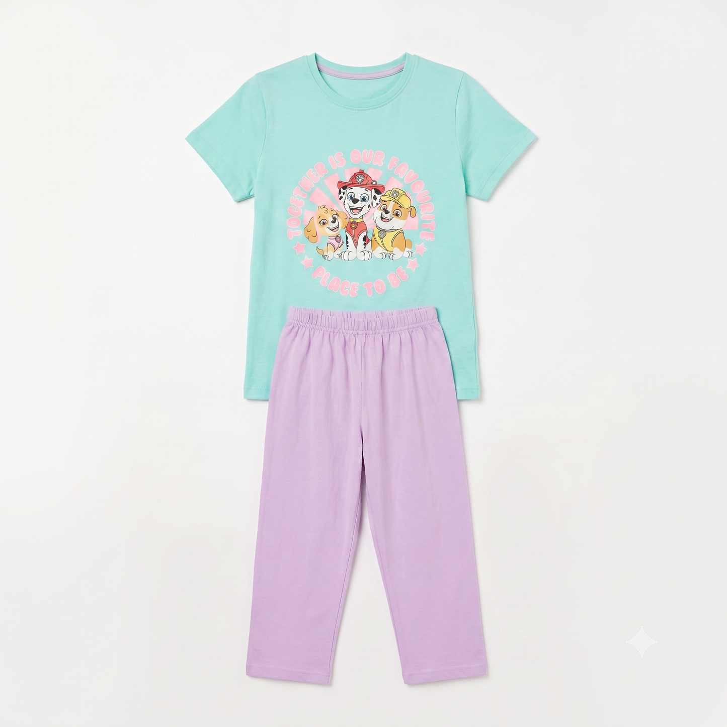 Children's pajama set with a t-shirt and pants on a white background