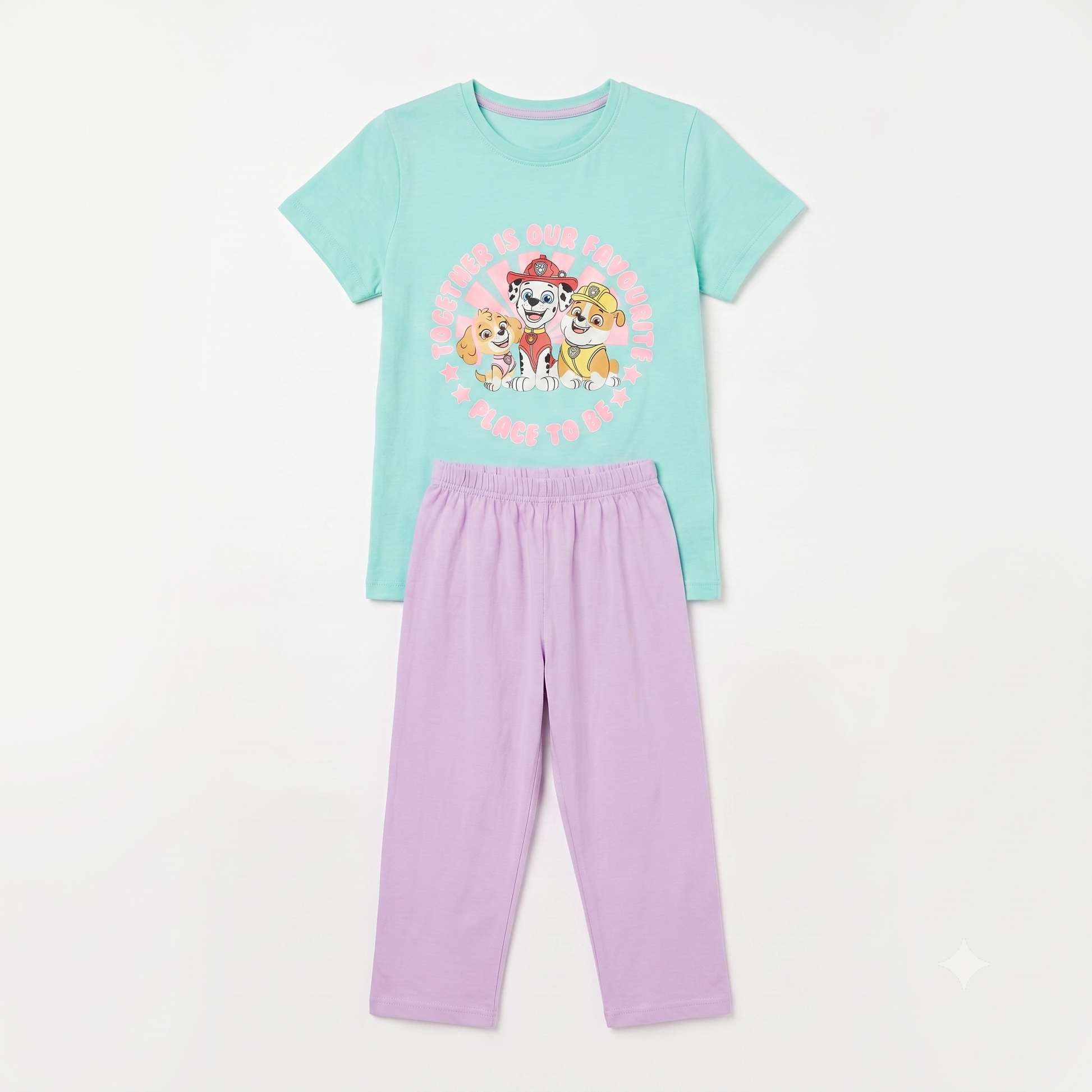 Children's pajama set with a t-shirt and pants on a white background