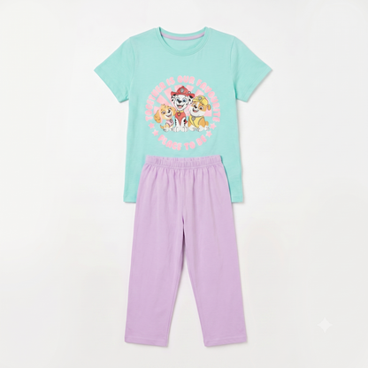 Children's pajama set with a t-shirt and pants on a white background