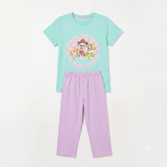 Children's pajama set with a t-shirt and pants on a white background