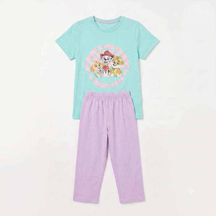 Children's pajama set with a t-shirt and pants on a white background