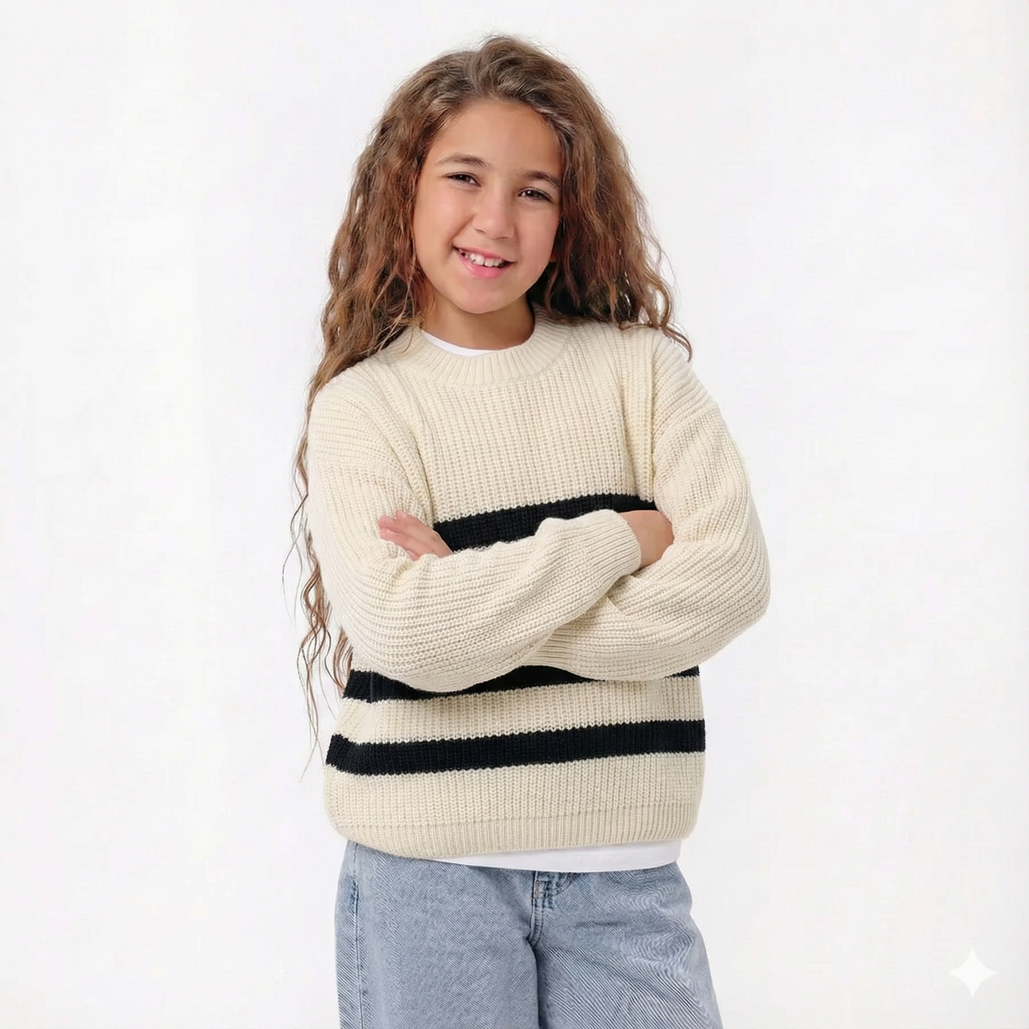 Girls Striped Crew Neck Knit Sweater