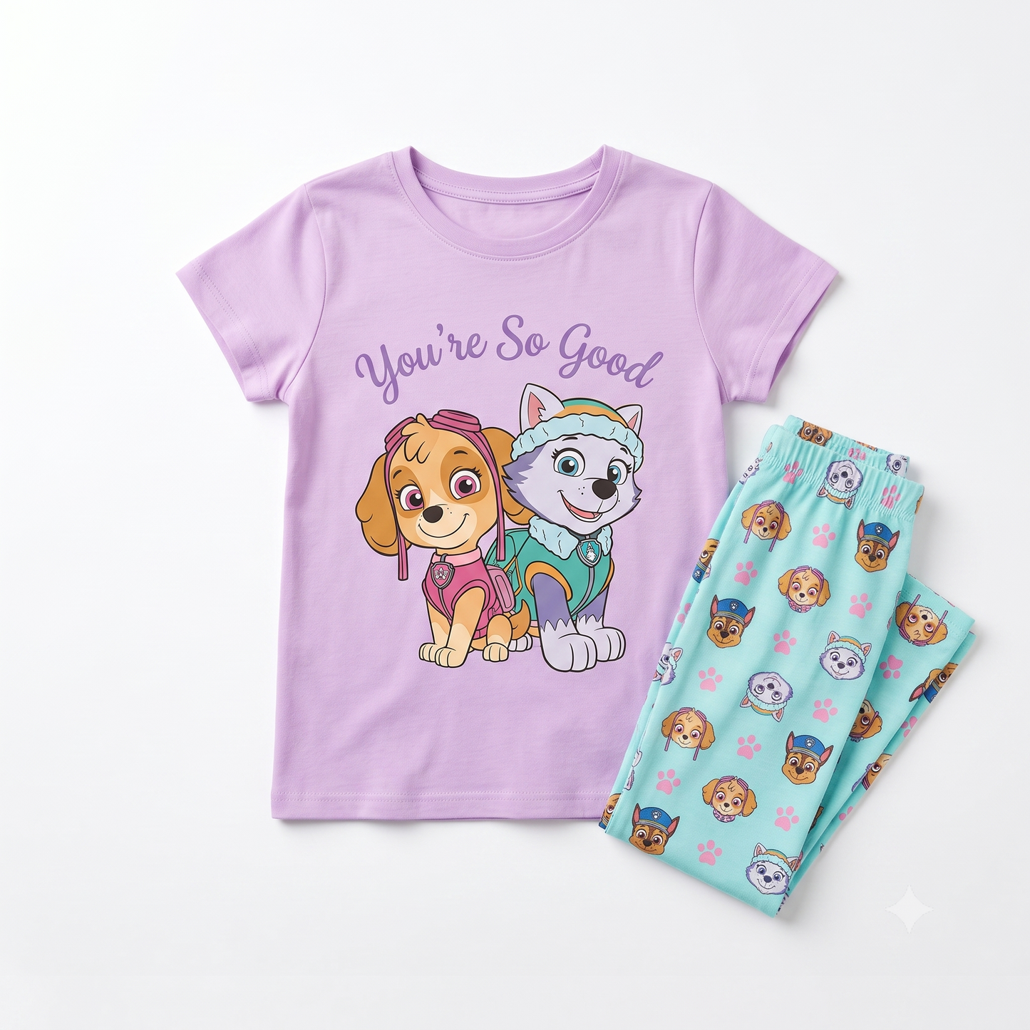Children's pajama set with a purple shirt and blue pants featuring cartoon characters on a white background.
