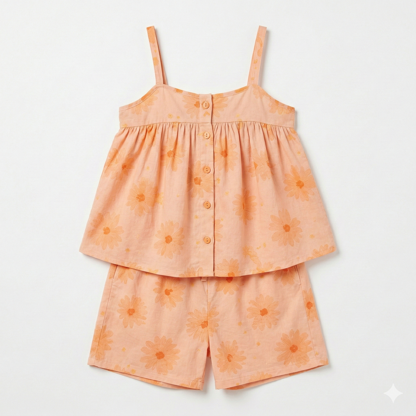 Peach-colored children's outfit with floral pattern on a white background