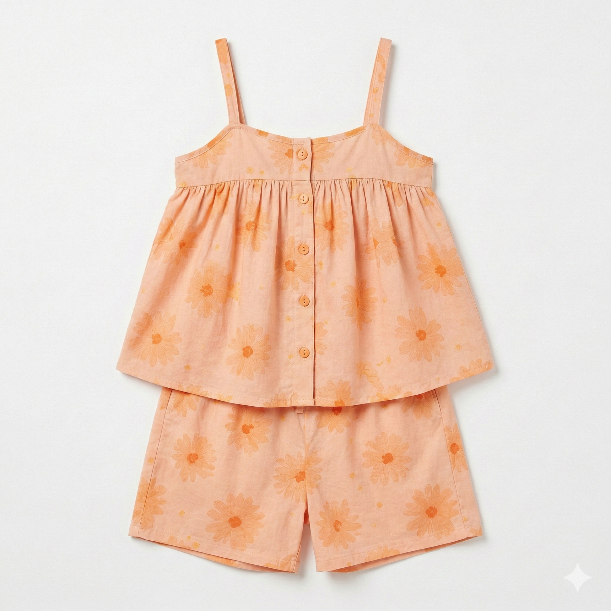 Peach-colored children's outfit with floral pattern on a white background
