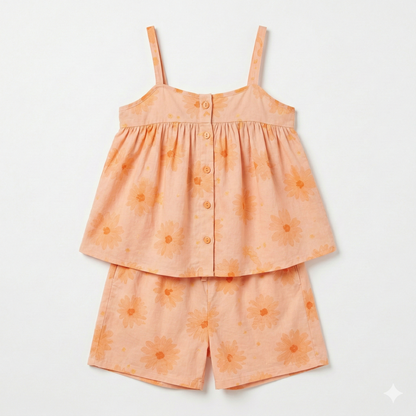 Peach-colored children's outfit with floral pattern on a white background