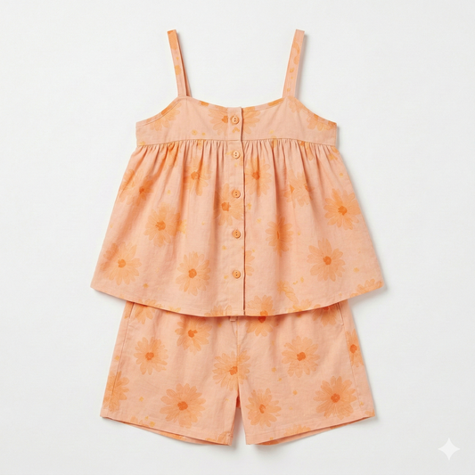 Peach-colored children's outfit with floral pattern on a white background