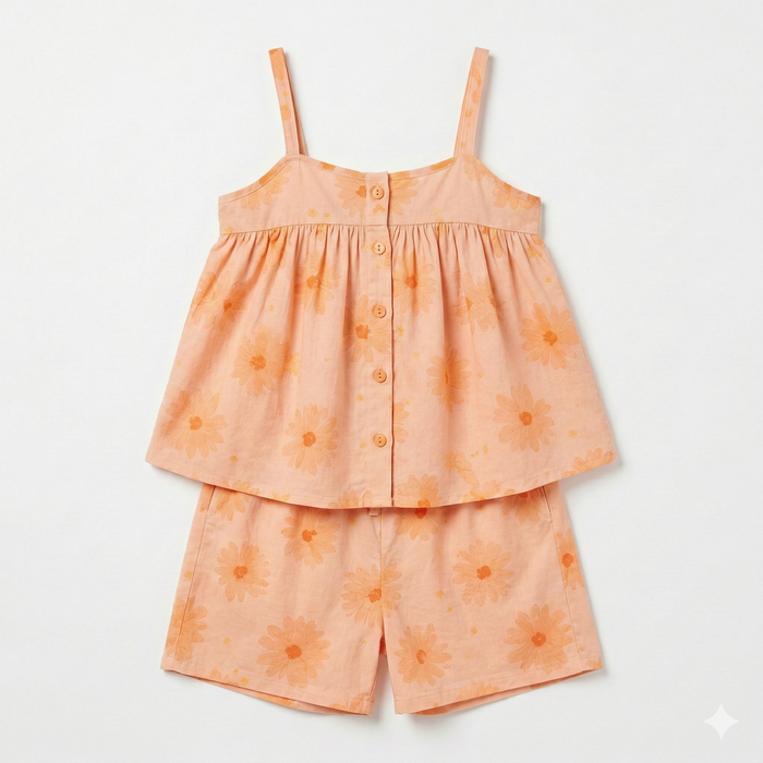 Peach-colored children's outfit with floral pattern on a white background