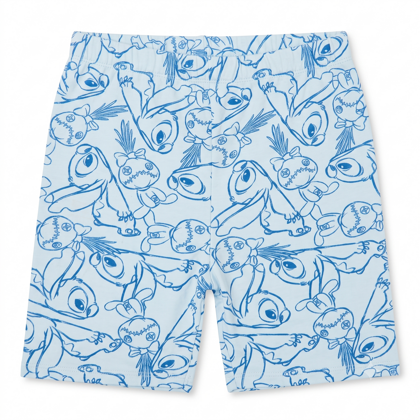 Light blue shorts featuring an all-over blue line art print of Stitch and other Disney characters, shown flat against a white background.