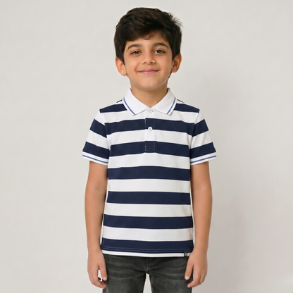 Boy wearing navy and white striped polo t-shirt with half sleeves and classic collar