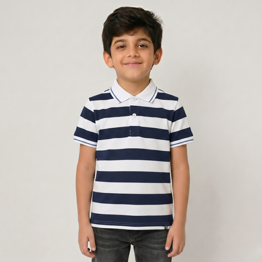 Boy wearing navy and white striped polo t-shirt with half sleeves and classic collar