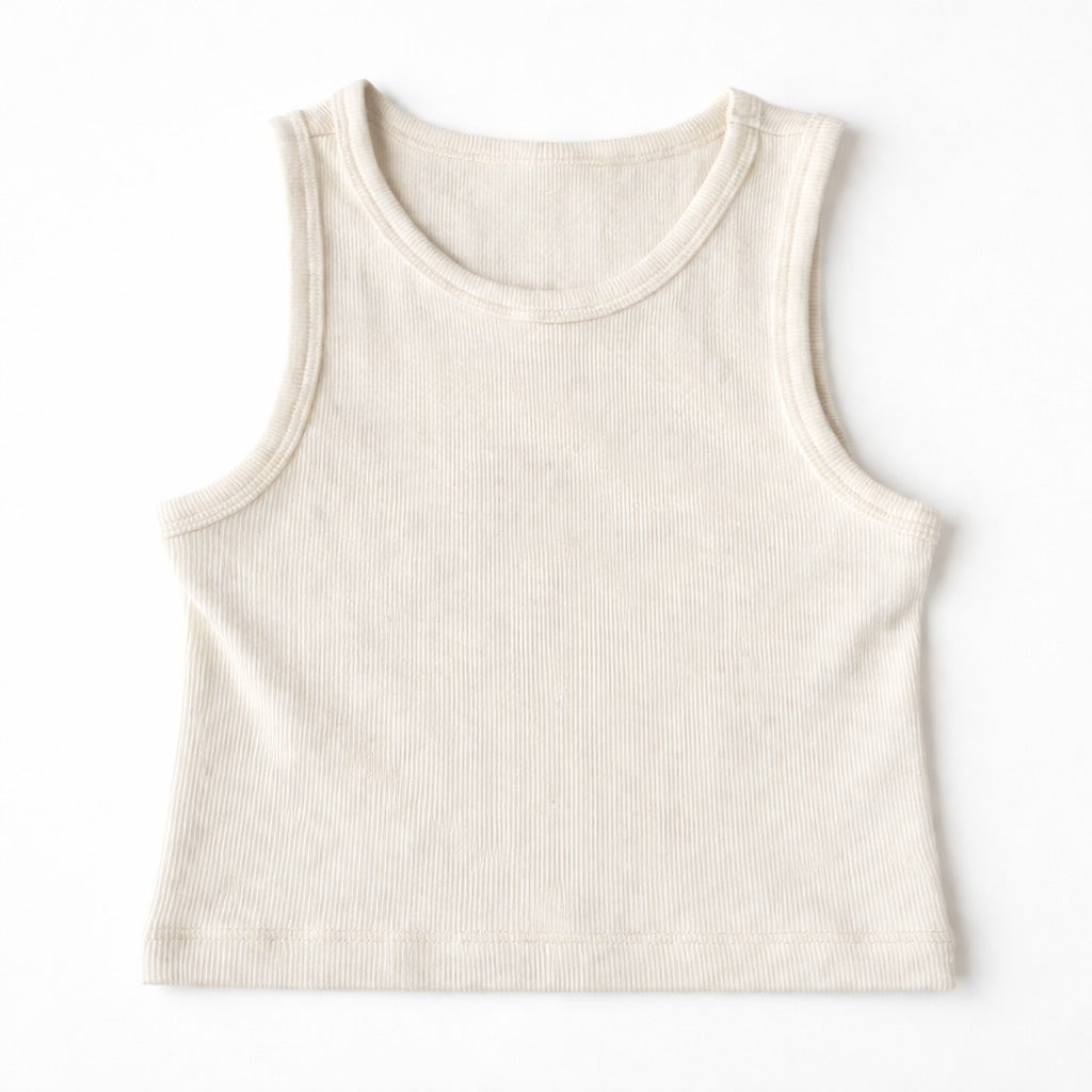 Beige ribbed tank top on a white background
