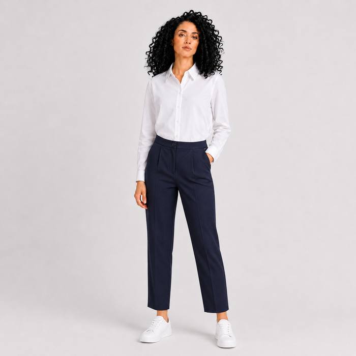 A woman modeling a white long-sleeve button-down shirt and navy blue cropped trousers, paired with white sneakers, against a light gray studio background.