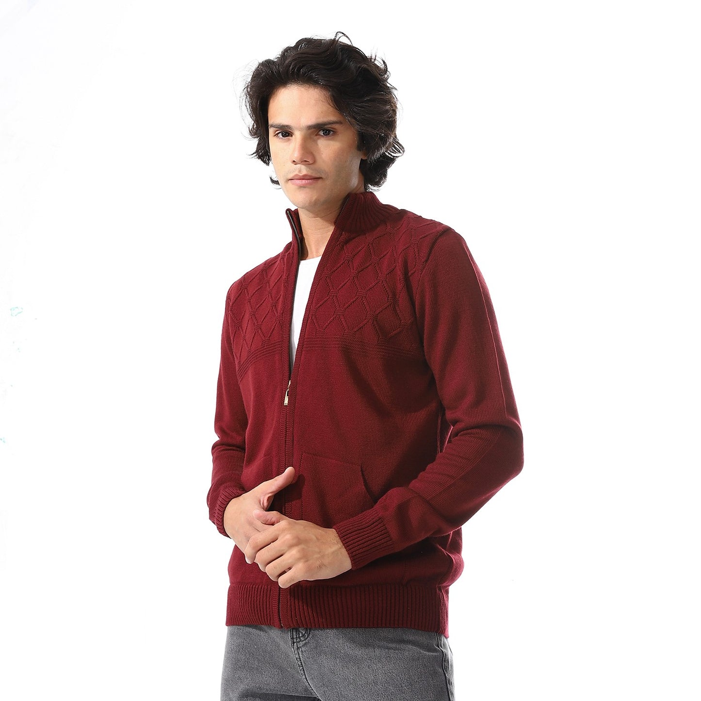 Men Zip-Up Wool Knit Cardigan