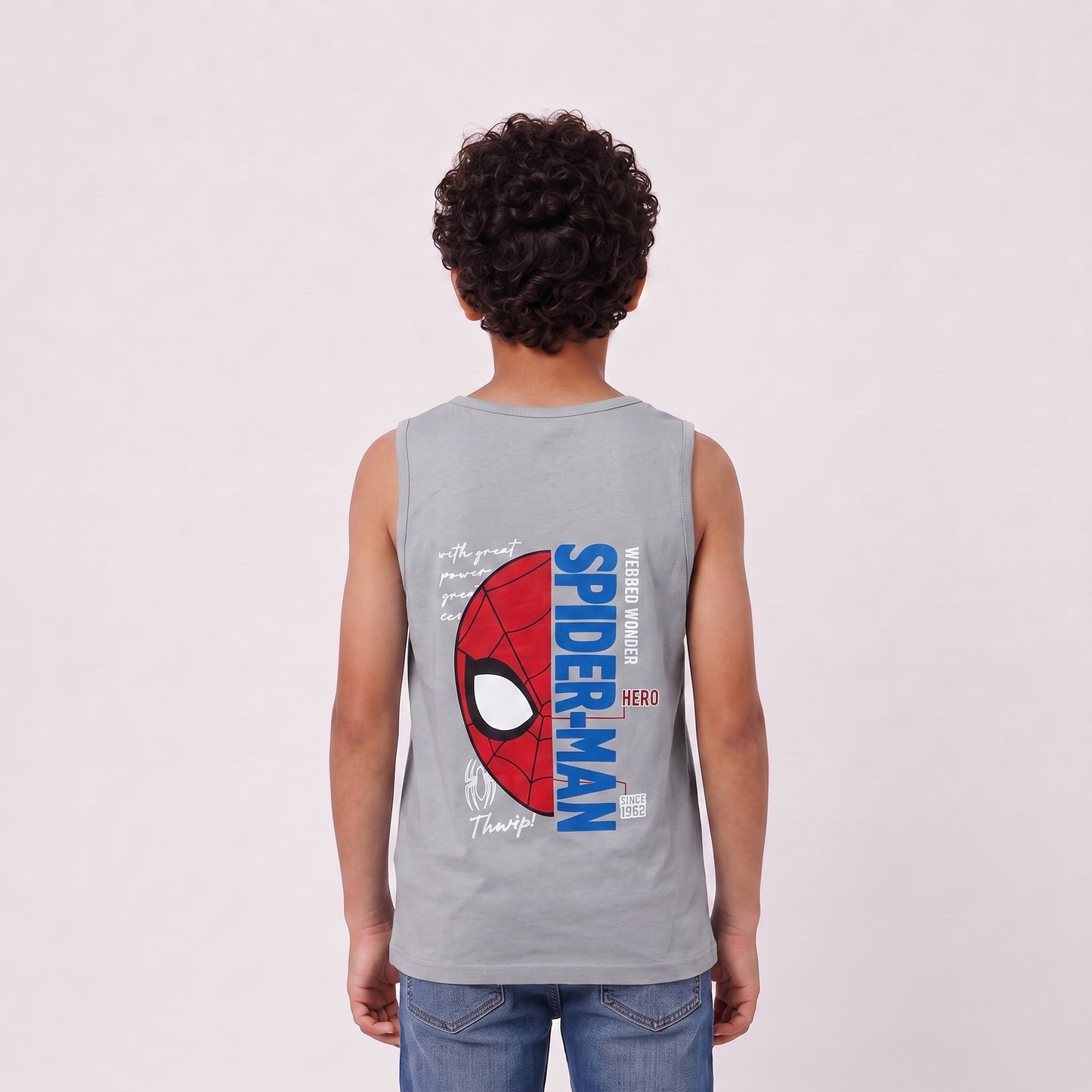 Boys sleeveless printed tank top in silver, back view