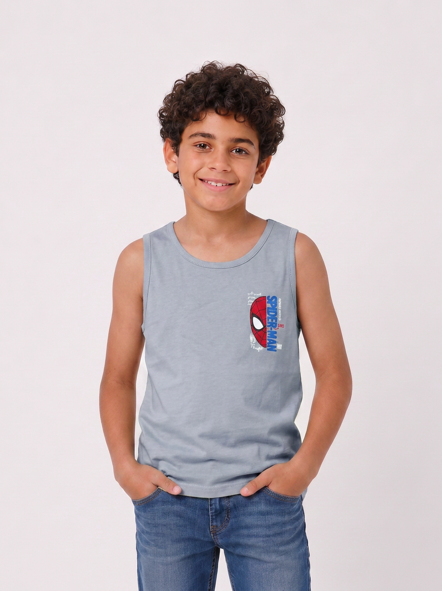 Boys sleeveless printed tank top in silver, front view