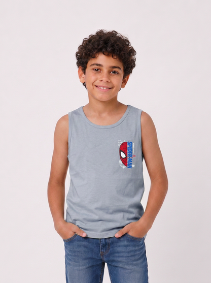 Boys sleeveless printed tank top in silver, front view