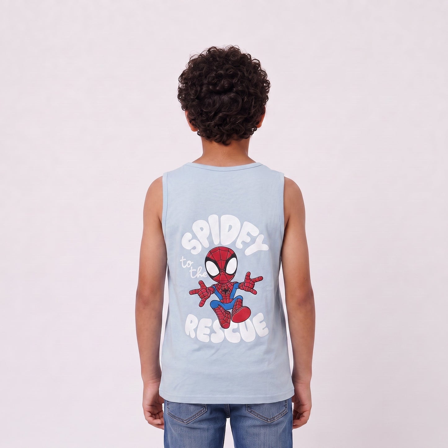 Boys sleeveless printed tank top in sky blue, back view