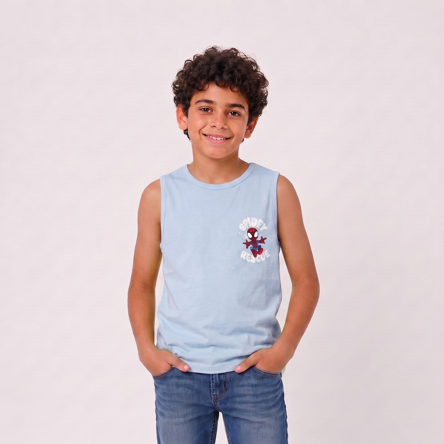 Boys sleeveless printed tank top in sky blue, front view