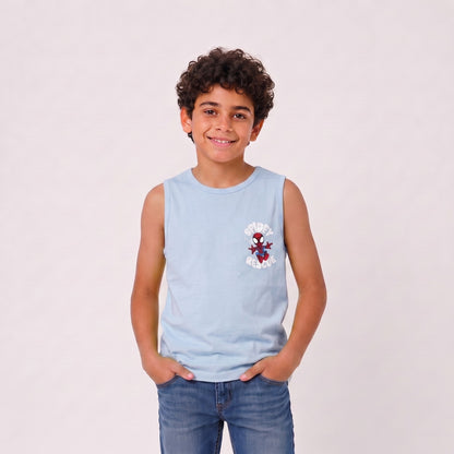 Boys sleeveless printed tank top in sky blue, front view
