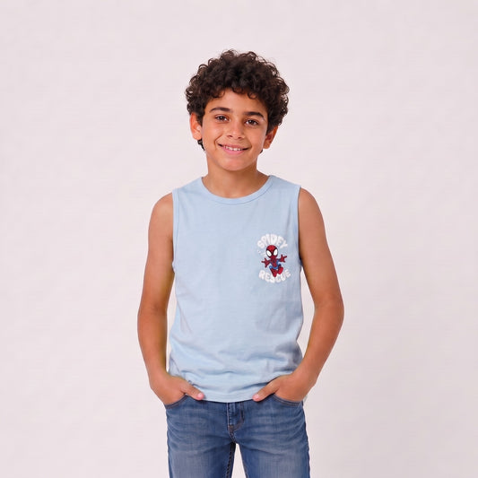Boys sleeveless printed tank top in sky blue, front view