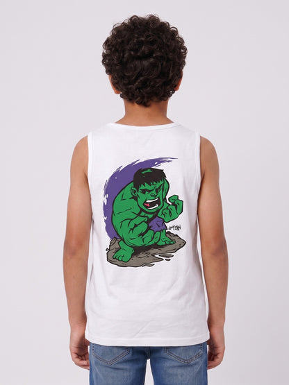 Boys sleeveless printed tank top in white, back view