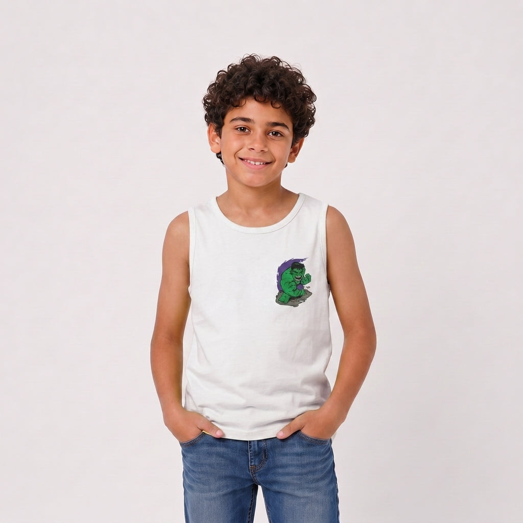 Boys sleeveless printed tank top in white, front view