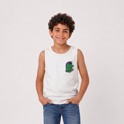 Boys sleeveless printed tank top in white, front view
