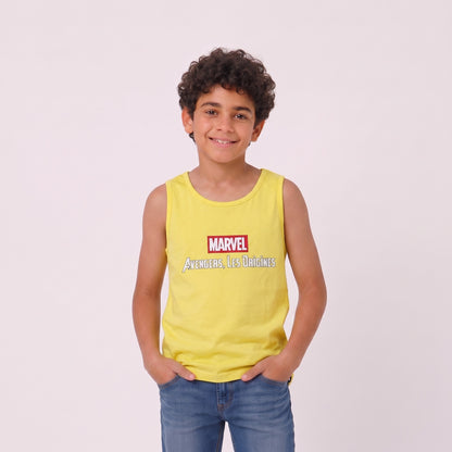 Boys sleeveless printed tank top in yellow, front view