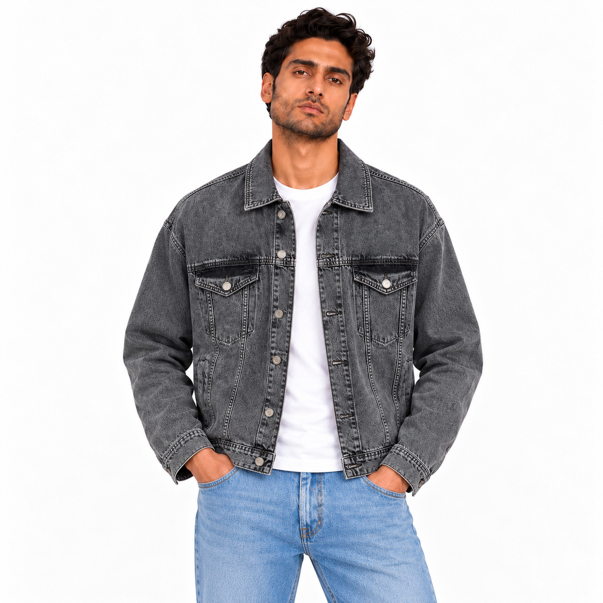 Dark grey denim jacket on male model | جاكيت جينز رمادي غامق
