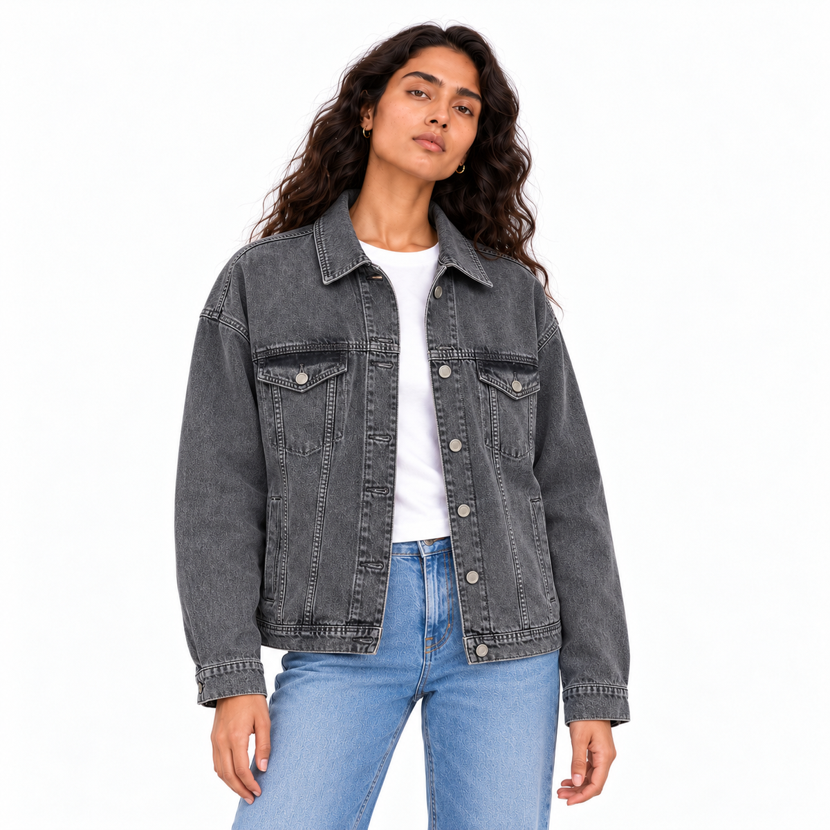 Washed denim jacket, dark grey, female model | جاكيت جينز مغسول