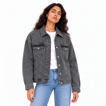 Washed denim jacket, dark grey, female model | جاكيت جينز مغسول
