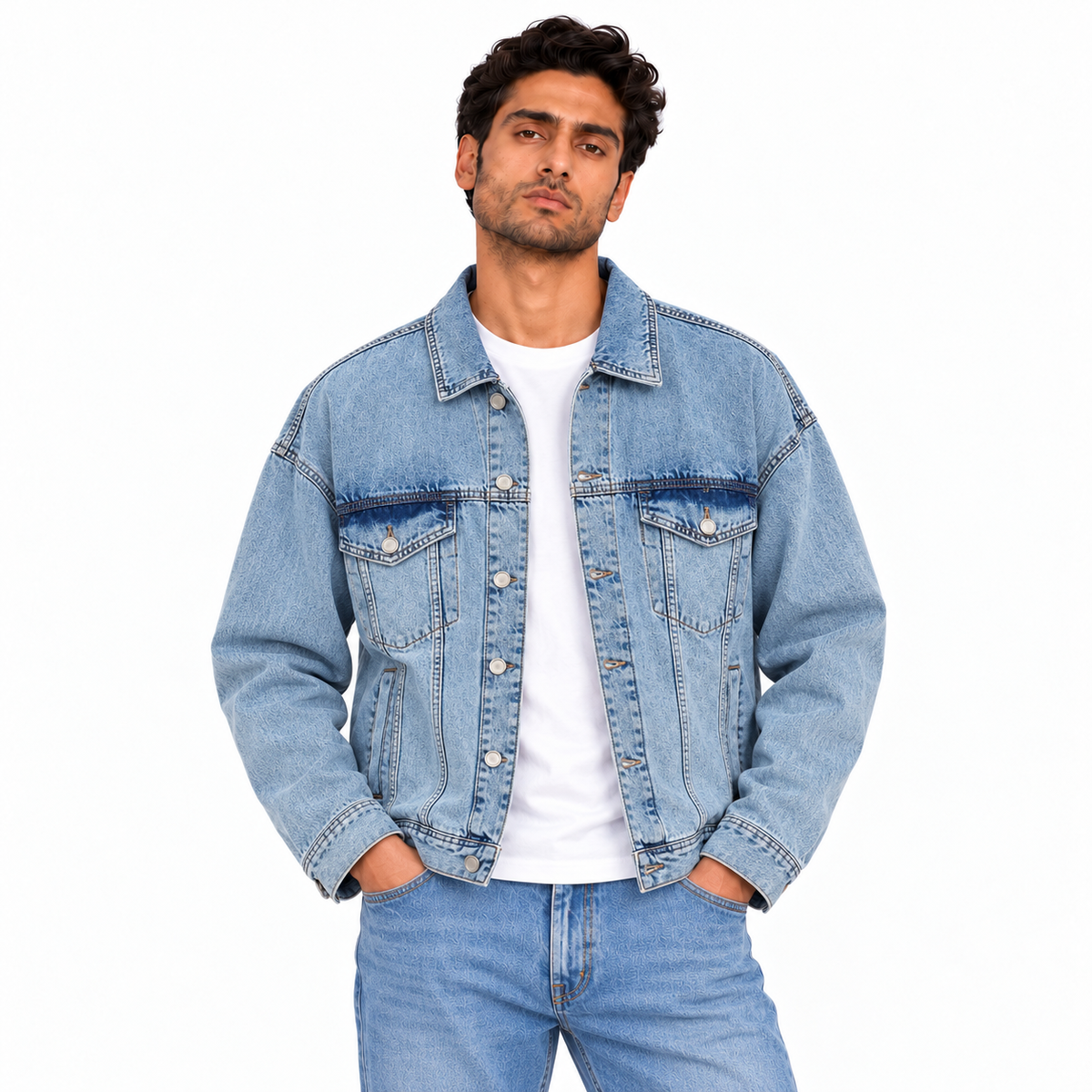 Washed denim jacket, sky blue, male model | جاكيت جينز مغسول