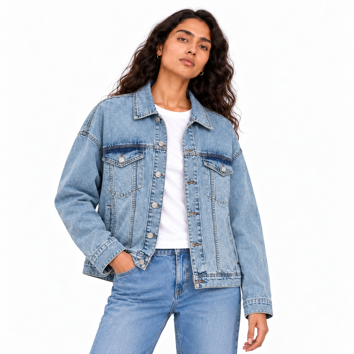 Washed denim jacket, sky blue, female model | جاكيت جينز مغسول