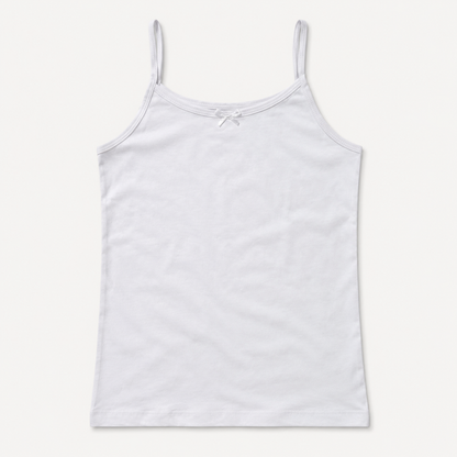 Girls plain white spaghetti strap camisole tank top flat lay