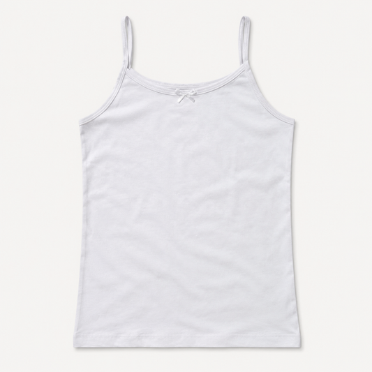 Girls plain white spaghetti strap camisole tank top flat lay