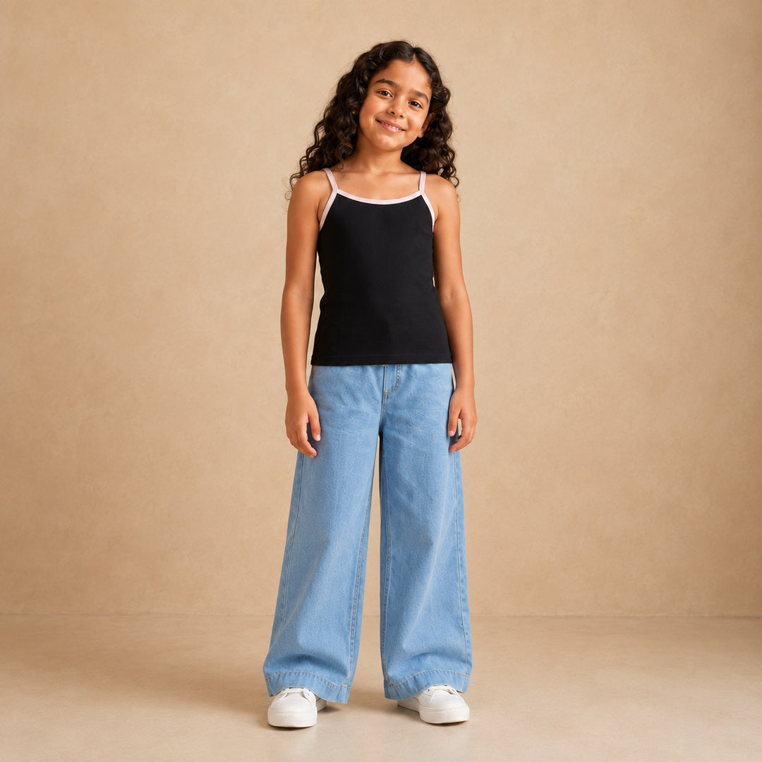 Girls black ribbed cami top with pale pink contrast trim