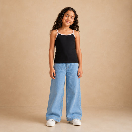 Girls black ribbed cami top with pale pink contrast trim