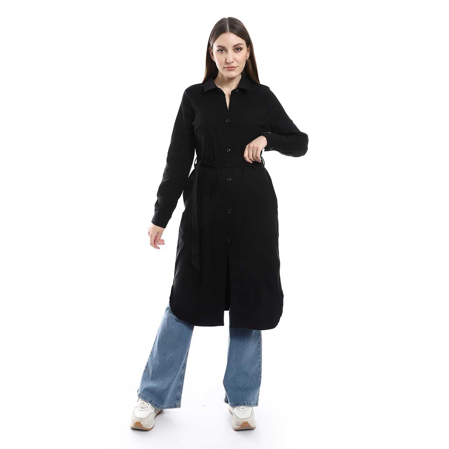 Women's Long Cotton Shirt with Belt Detail