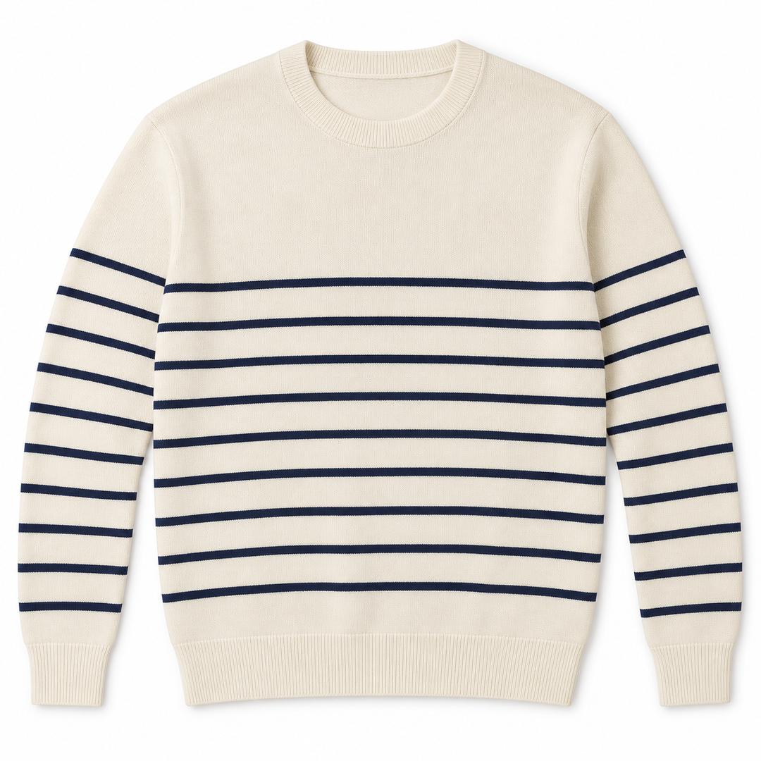 Women's Striped Crew Neck Knit Pullover in Cream — flat view, style 26152148