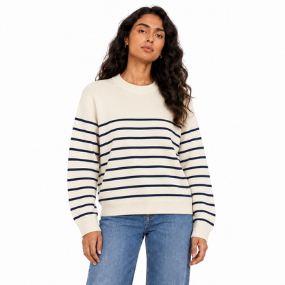 Women's Striped Crew Neck Knit Pullover in Cream — model view, style 26152148