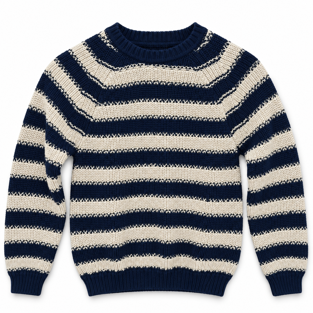 Boys' Striped Crew Neck Knit Pullover in Navy — flat view, style 26152327