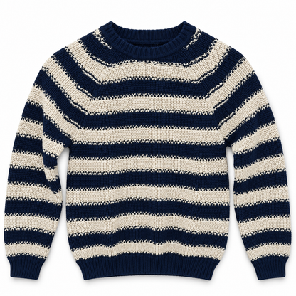 Boys' Striped Crew Neck Knit Pullover in Navy — flat view, style 26152327