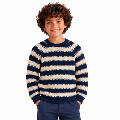 Boys' Striped Crew Neck Knit Pullover in Navy — model view, style 26152327