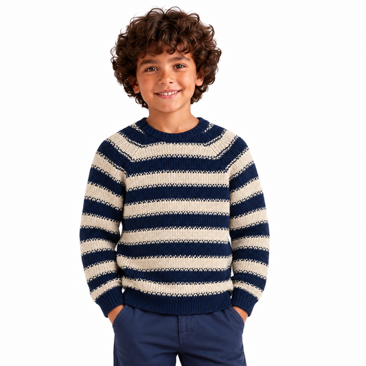 Boys' Striped Crew Neck Knit Pullover in Navy — model view, style 26152327