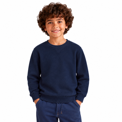 Boys' Plain Crew Neck Knit Pullover in Darknavy — model view, style 26152329