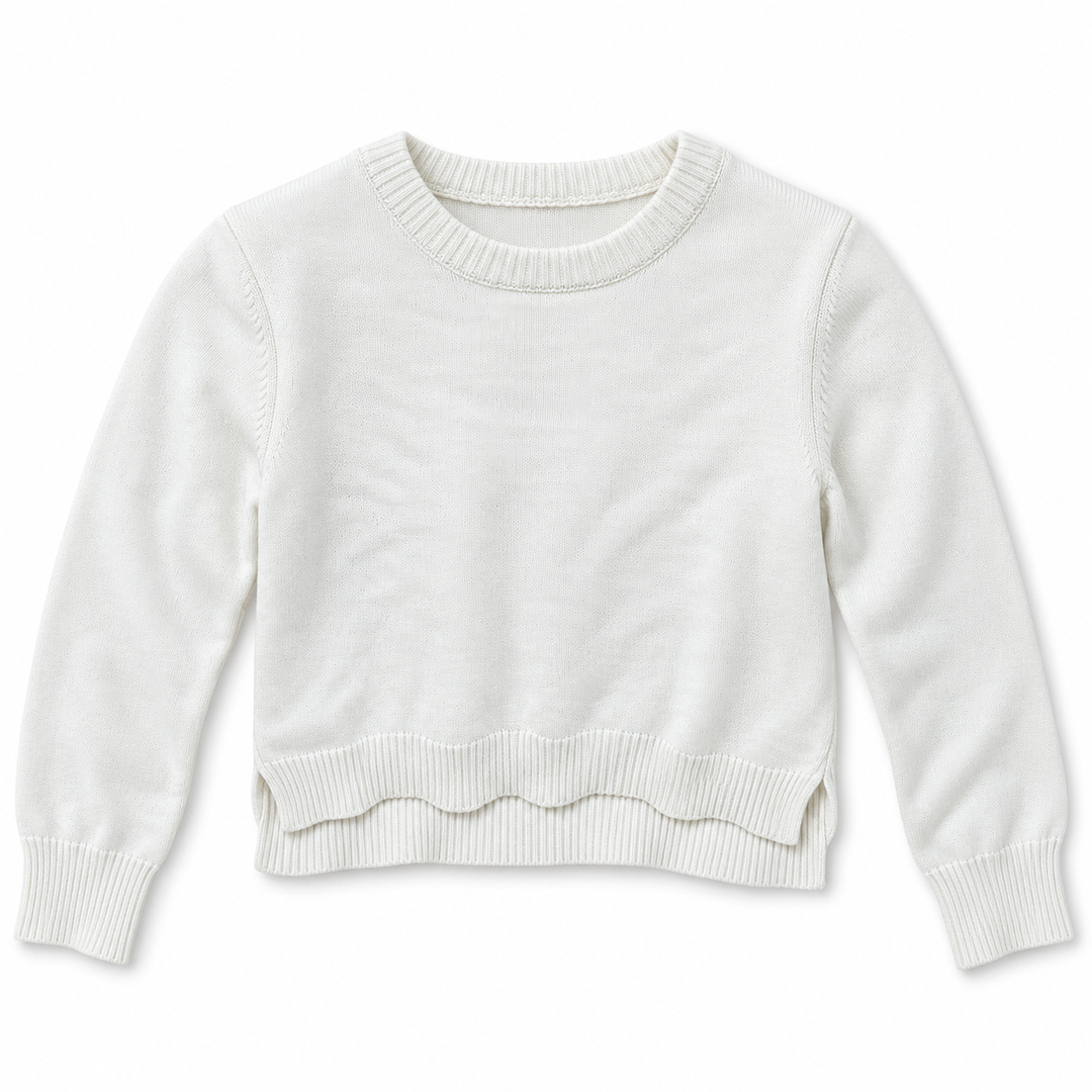 Girls' Plain Crew Neck Knit Pullover in Cream — flat view, style 26152332
