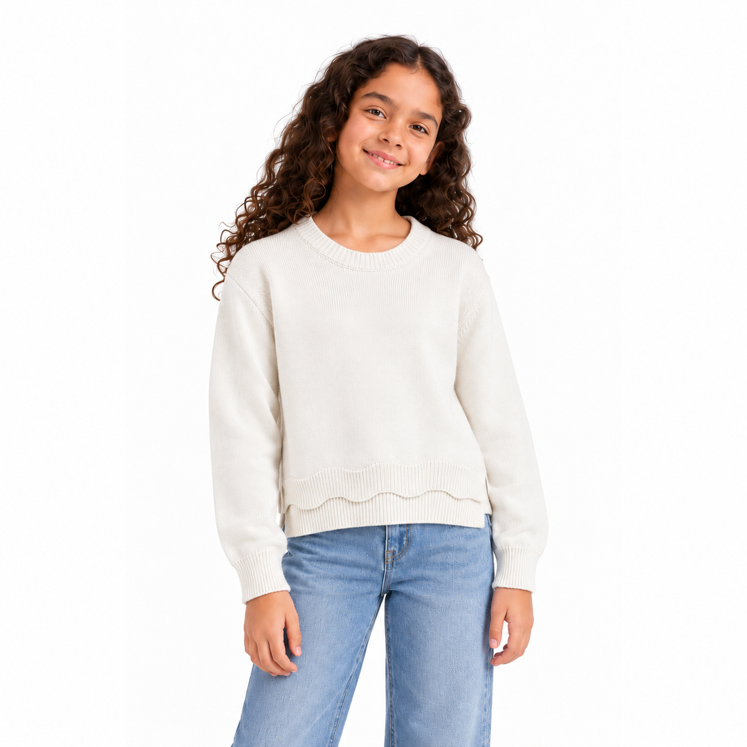 Girls' Plain Crew Neck Knit Pullover in Cream — model view, style 26152332