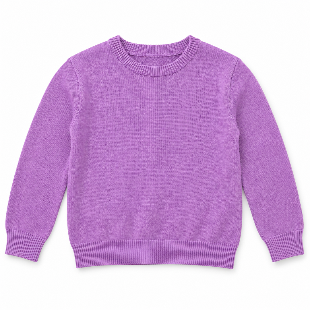 Girls' Plain Crew Neck Knit Pullover in Purple — flat view, style 26152332